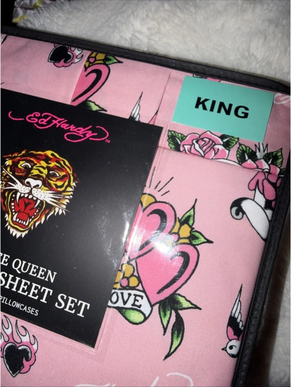 ED HARDY King Pink Sheet Set 6pc New Flowers Skull Roses Heart Grunge Y2K